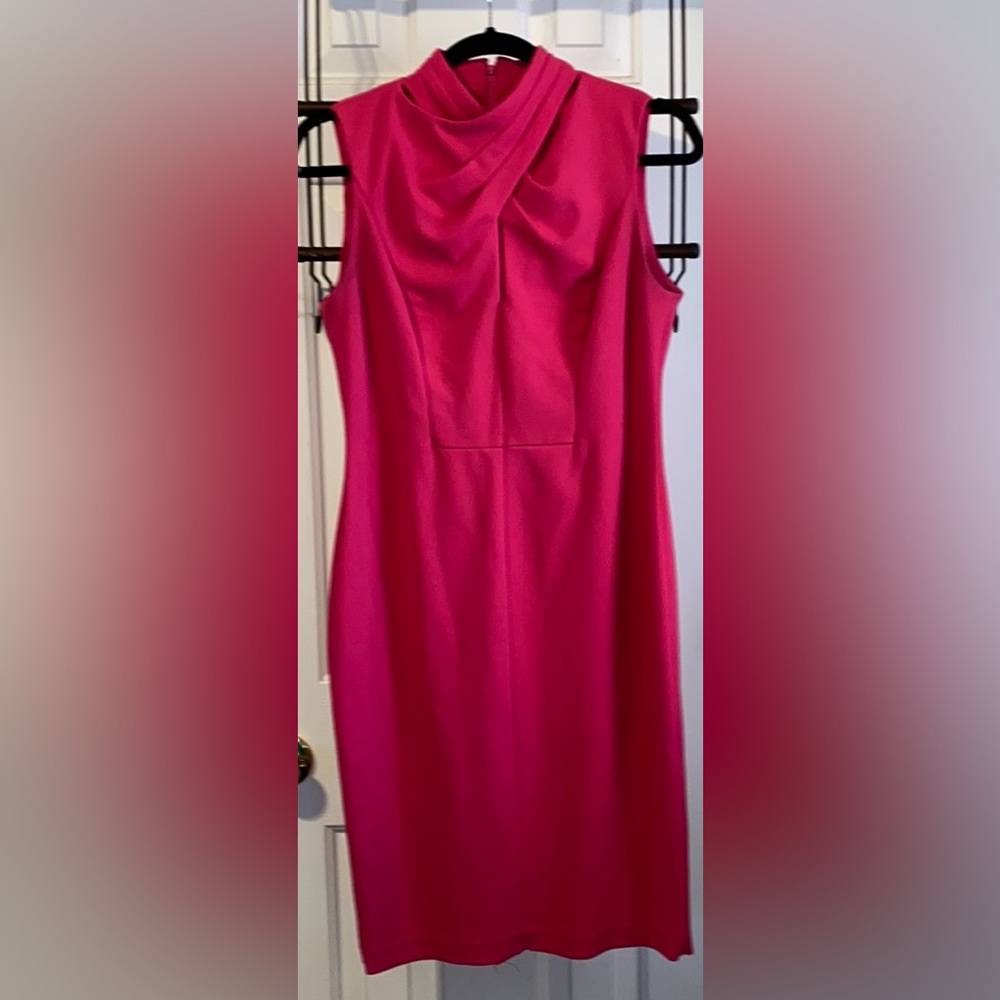 Calvin Klein dress, sz. 8, hot pink, statement neckline- crisscross peekaboo